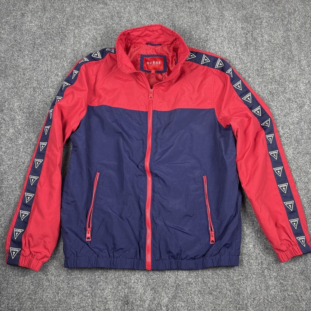 GUESS Men's Nylon Colorblock Windbreaker Jacket Red Blue Size L